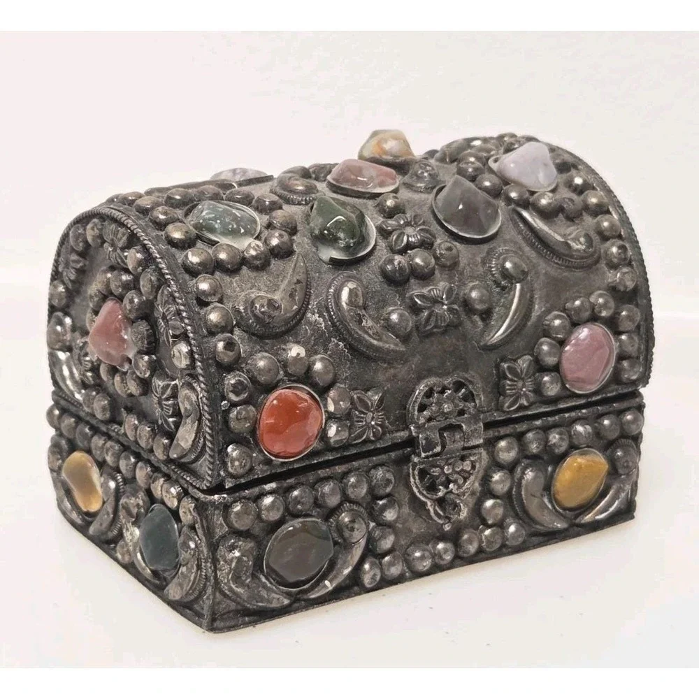 VTG India Agate Inlaid Jewelry Box Velvet Lined Trinket Wedding Box 4